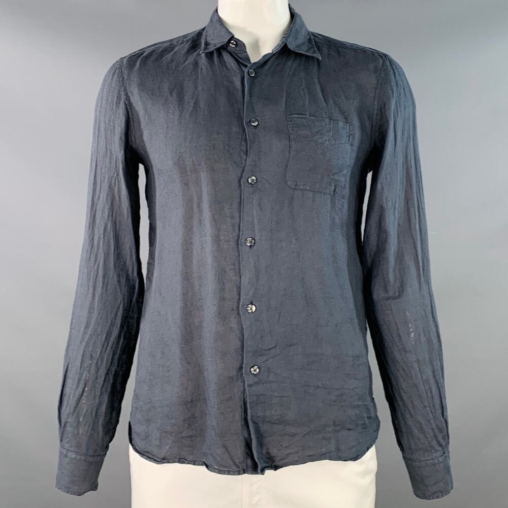CP COMPANY Size L Grey Linen One Pocket Spread Collar Long Sleeve Shirt